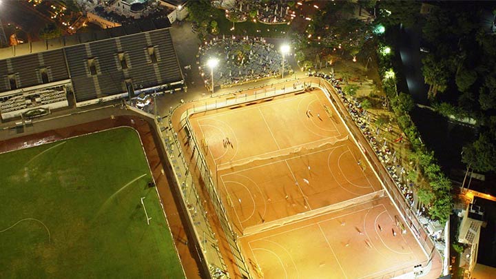 Arial view of brightly lit sports field